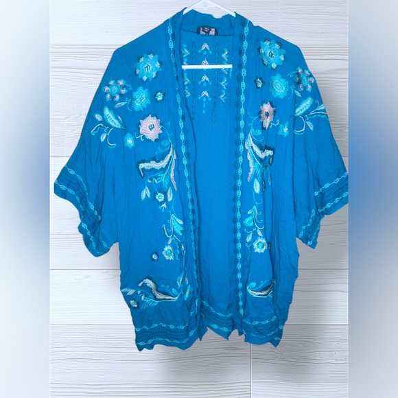 CURATIONS Women’s Boho Turquoise Embroidered Kimono Cardigan - Picture 2 of 7